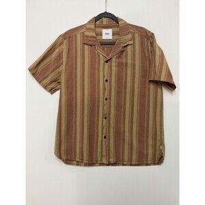 Katin Shirt Mens Medium Brown Tan Stripe Cotton Linen Short Sleeve Loop Collar